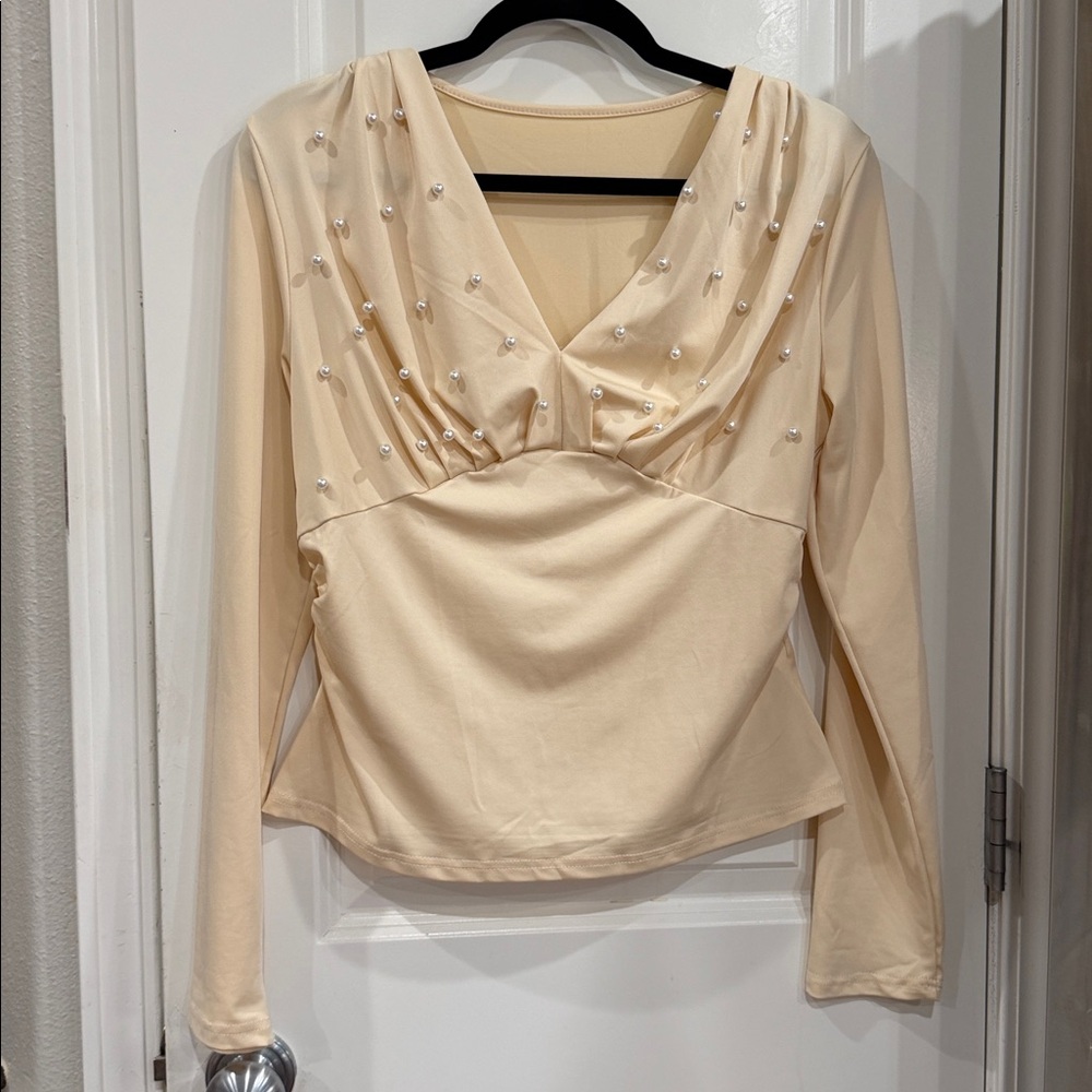 Cream Long-Sleeve V-Neck Top with Pearl Detail
